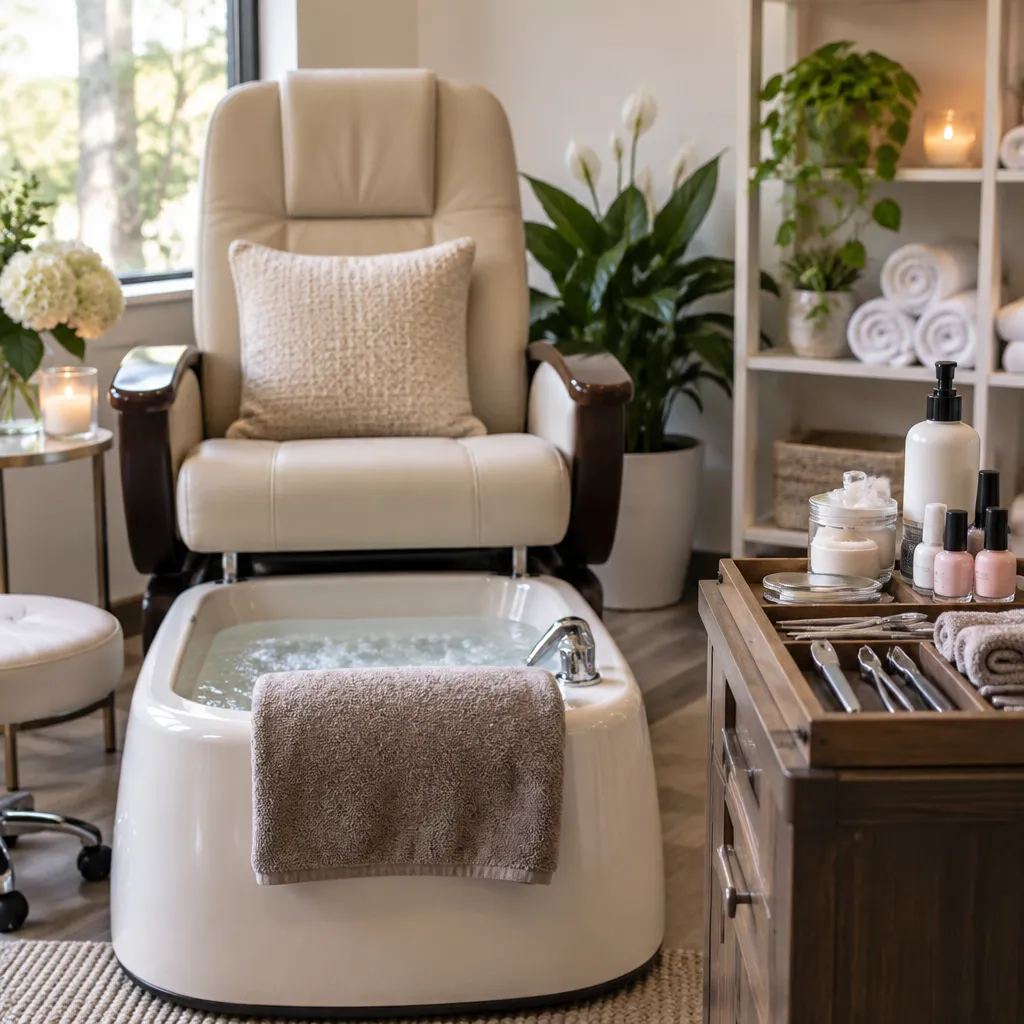 A detailed view of a well-organized pedicure station in Happiness Nails & Spa