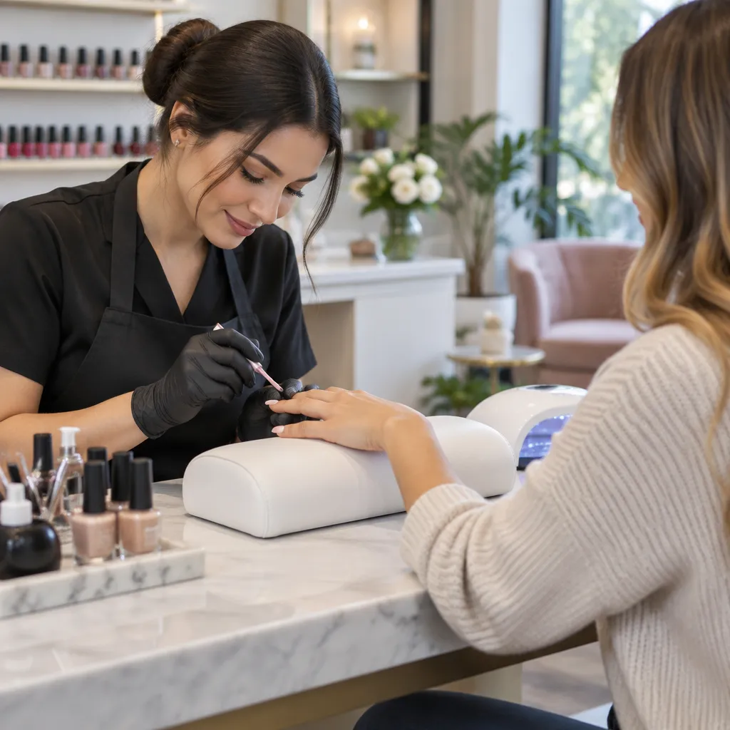 Technician applying a gel manicure in a relaxing nail salon