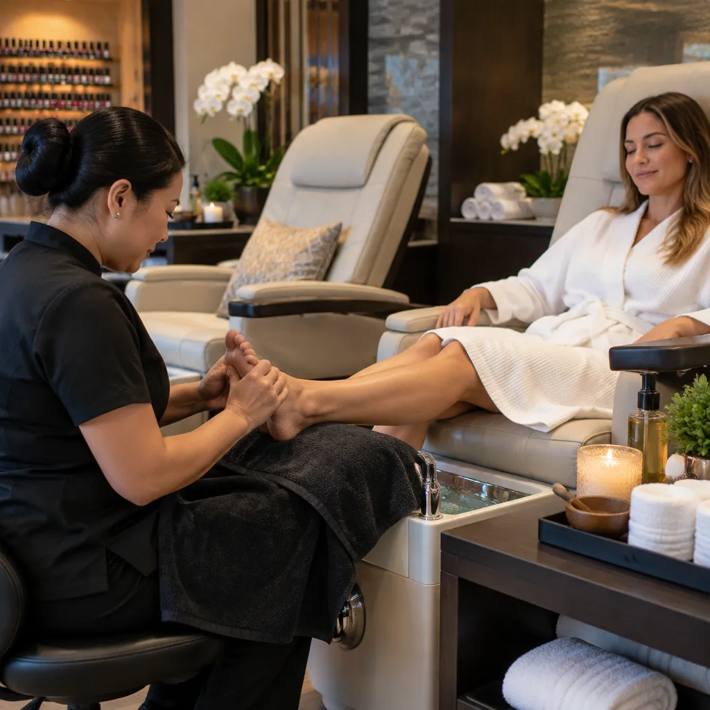 Foot massage treatment in a luxurious nail salon spa area