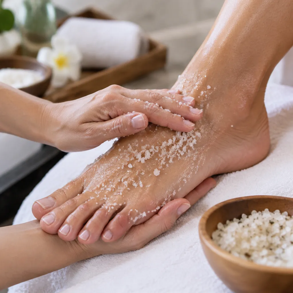 Revitalizing sea salt scrub during a spa pedicure