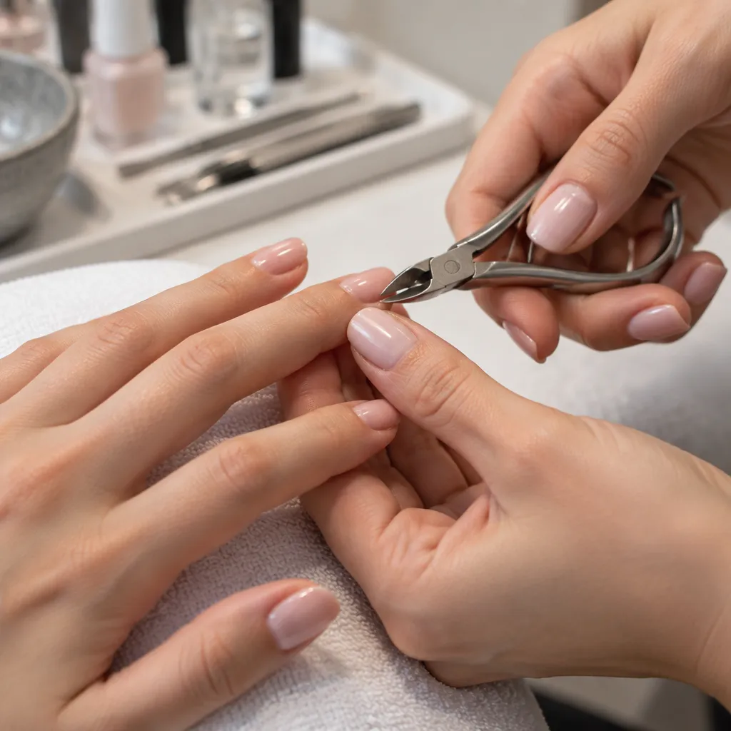 Technician performing a classic manicure with neatly trimmed and polished nails.
