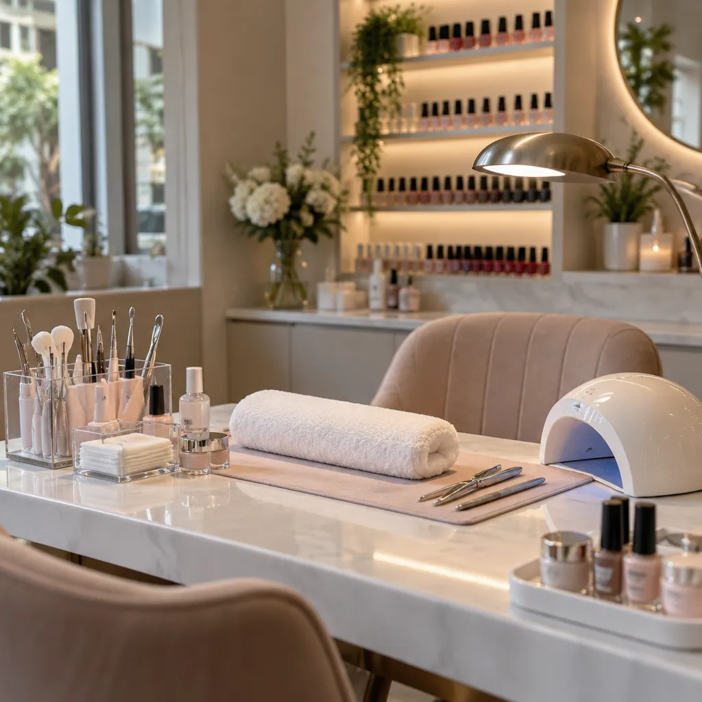 Image of a manicure station in a nail salon with tools and soft lighting.