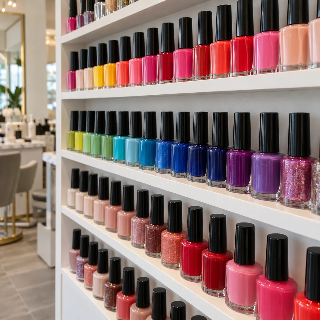 Display of vibrant nail polish colors at a nail salon.