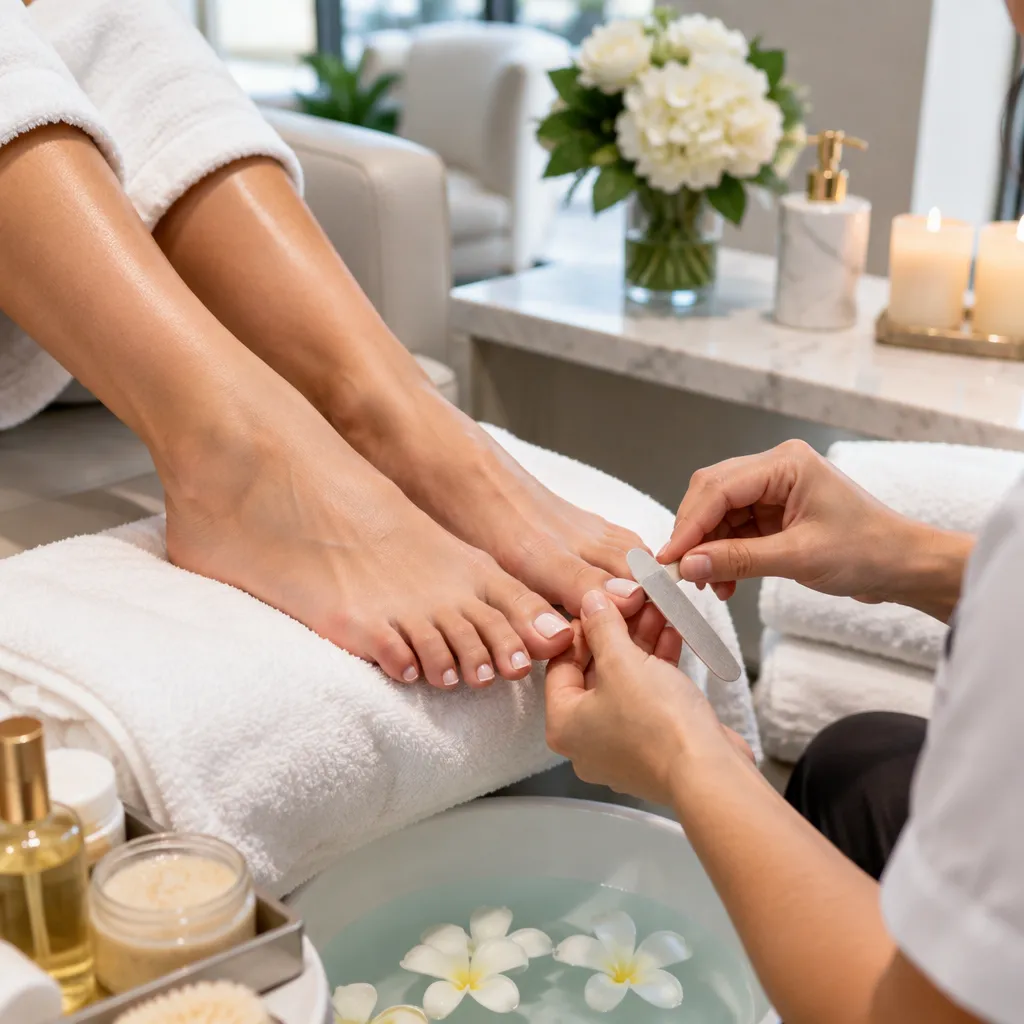 Close-up of a luxurious pedicure treatment session with beautiful decor and high-quality products.