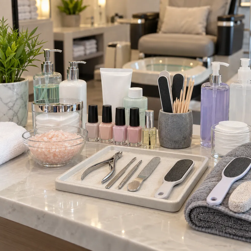 Organized nail products and tools for pedicure services at a nail salon.