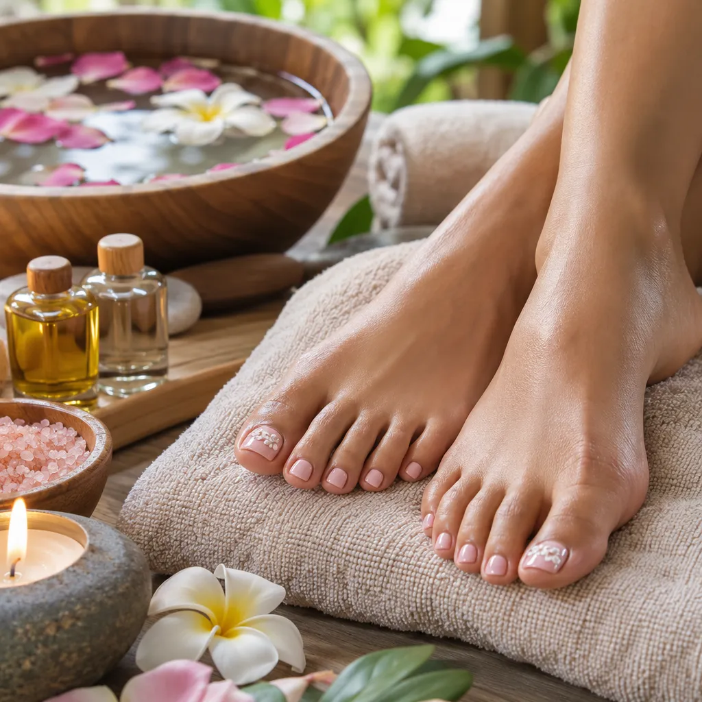 Luxurious pedicure with floral elements and essential oils