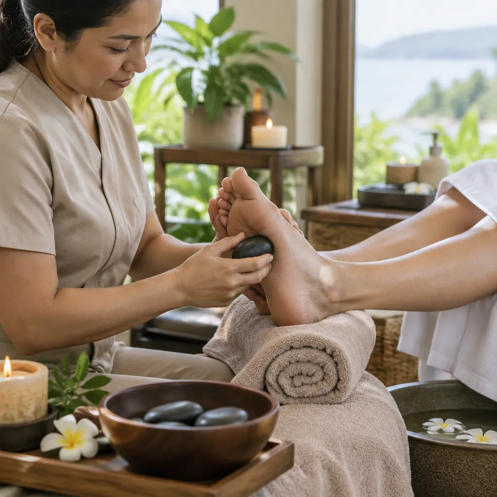 Technician giving a hot stone massage during a pedicure