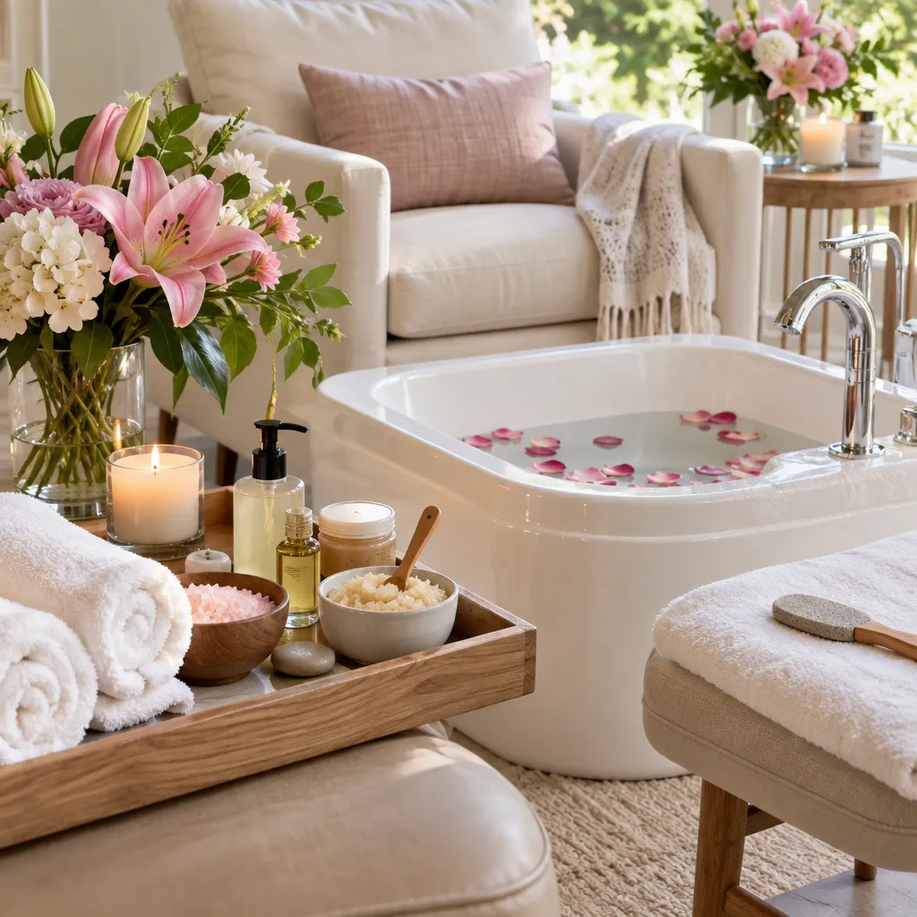 Elegantly set pedicure station with spa products