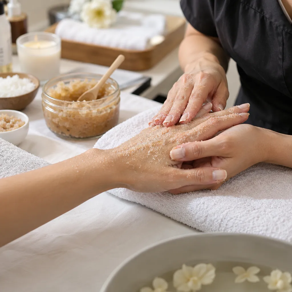 Nail technician providing an exfoliating manicure with sugar scrub
