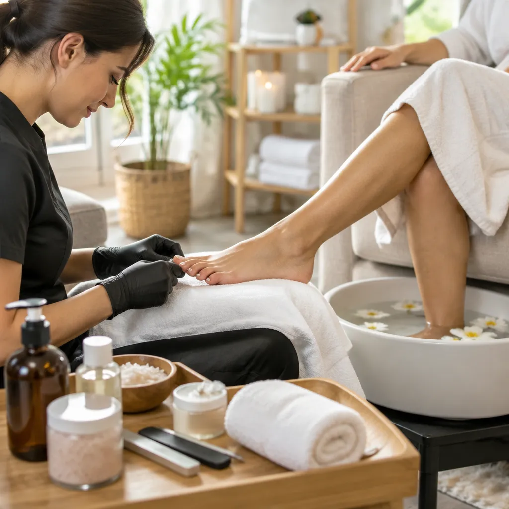 Technician providing a soothing pedicure service in a calming salon environment, with a focus on foot care products.