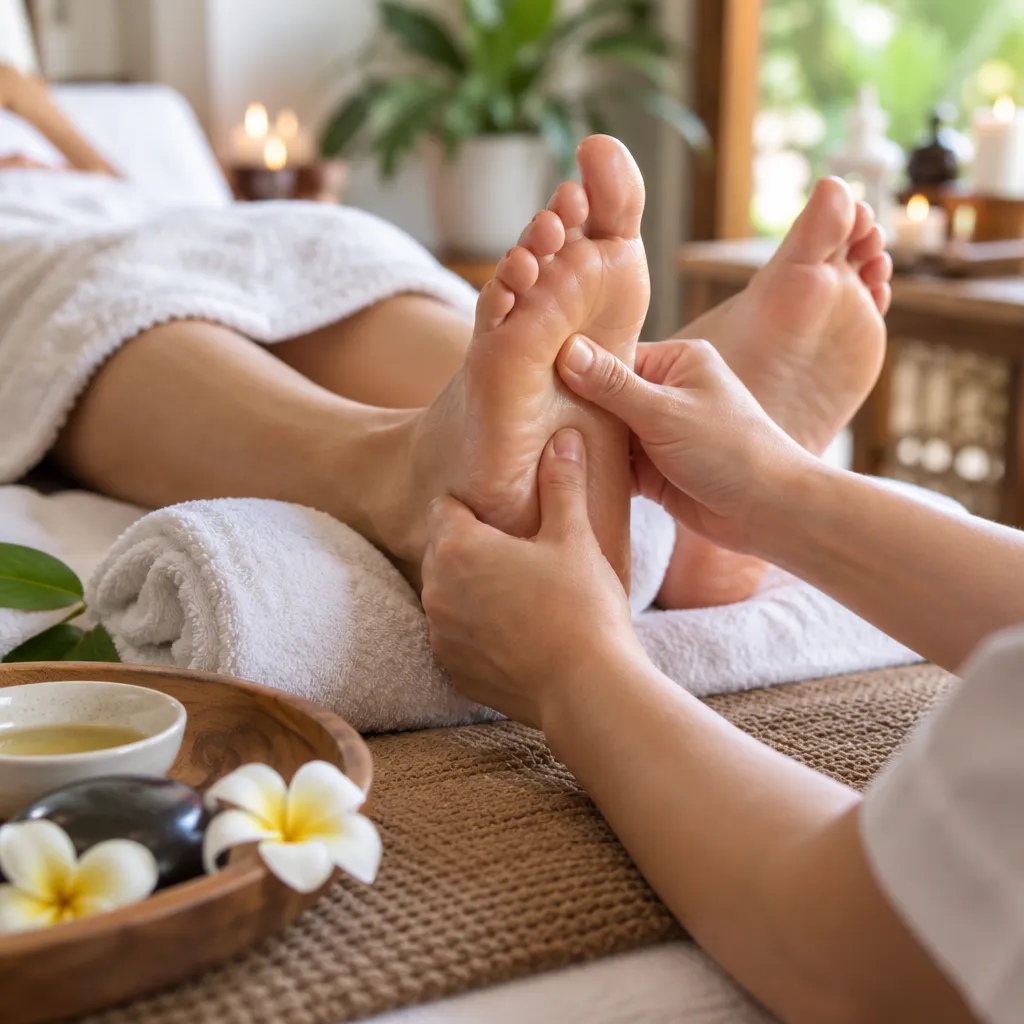 Technician giving a foot massage in a serene spa environment showing client care.