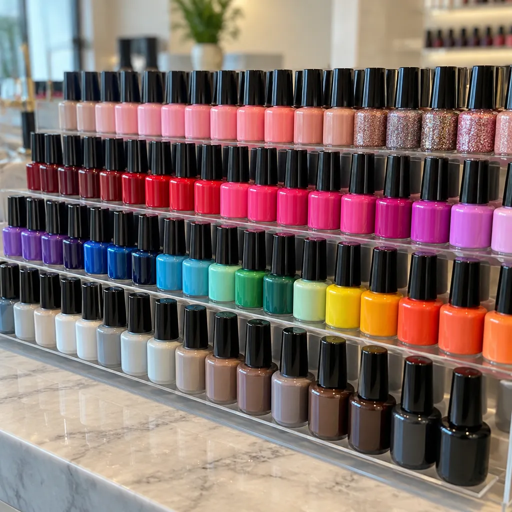Display of colorful gel polishes available for manicure services