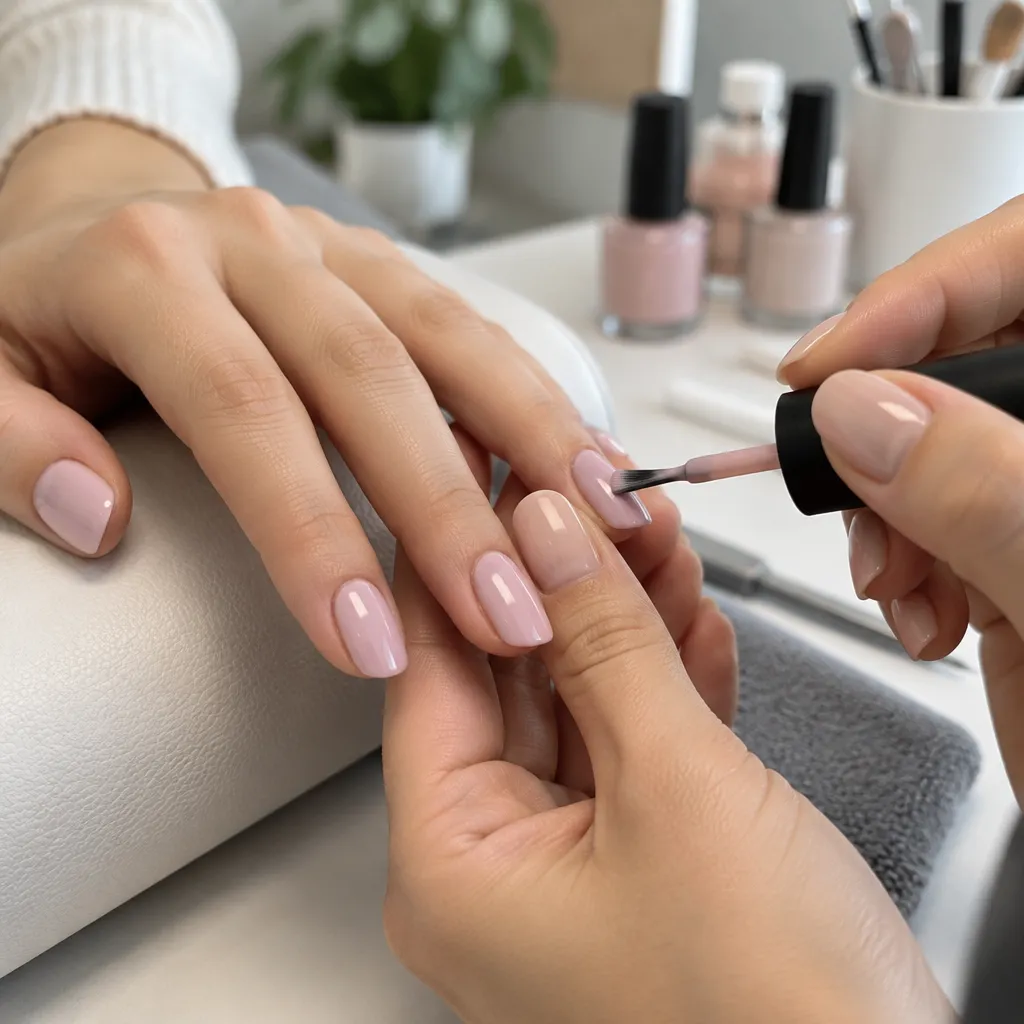 A nail technician applying pastel gel polish during a classic manicure service.
