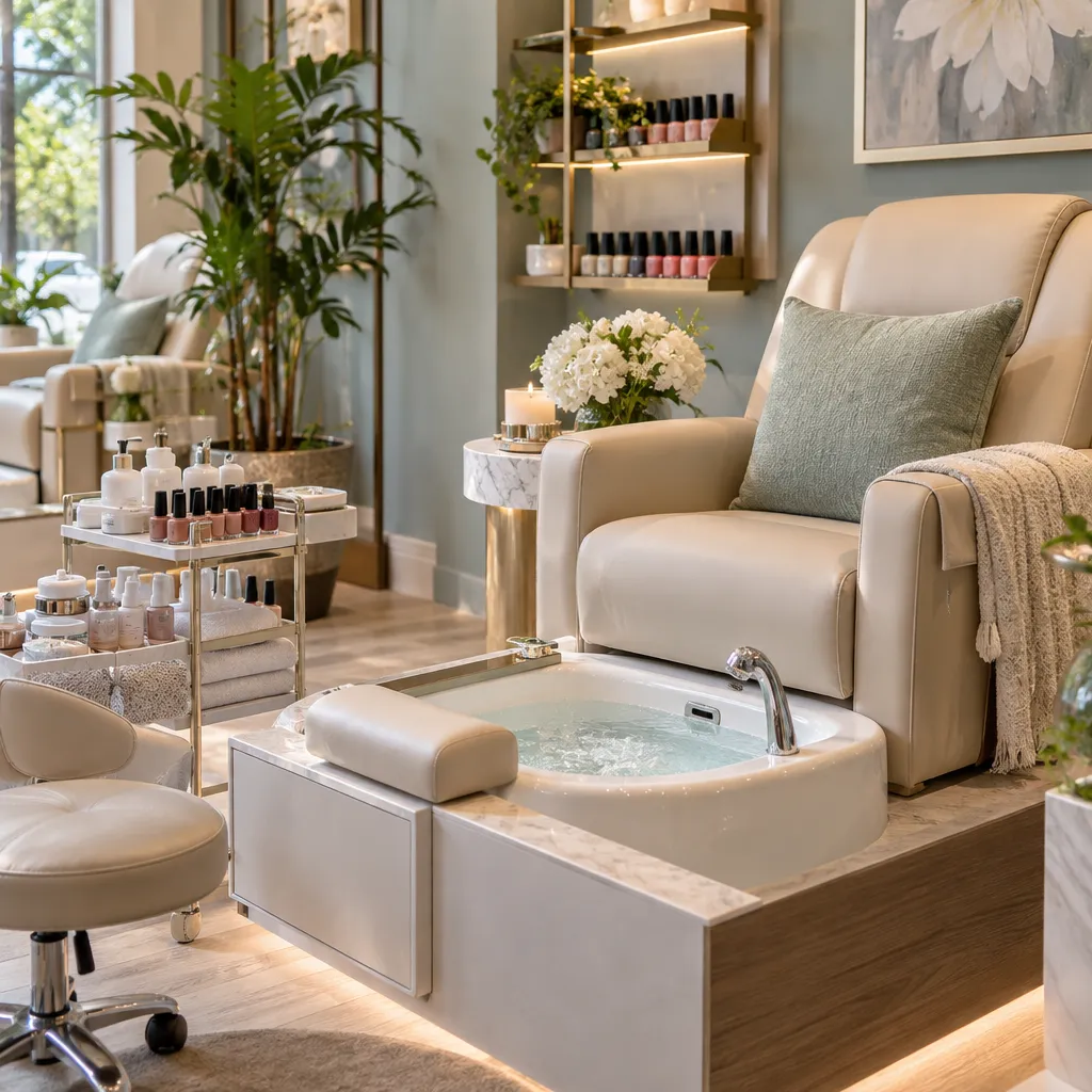 A serene pedicure station featuring a pedicure tub and vibrant nail care products.