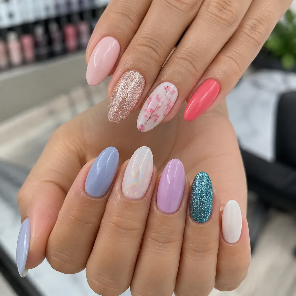 Different styles of gel and dip powder nails in vibrant colors on display.