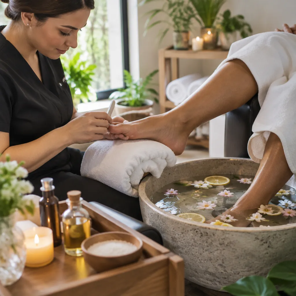 Nail technician providing a relaxing pedicure service in a serene salon environment
