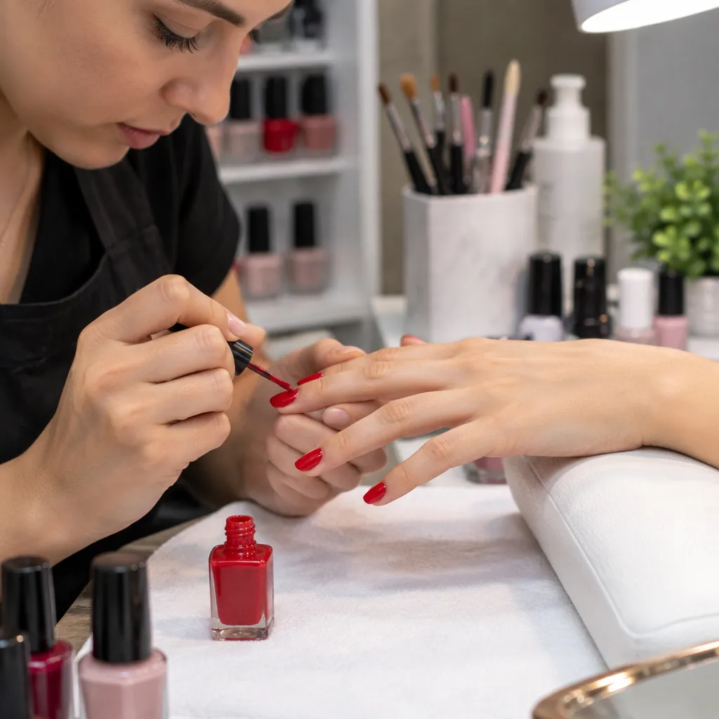 Nail technician applying gel polish in a calm salon setting.