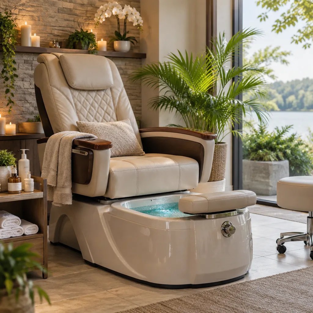 Comfortable pedicure chair in a relaxing salon setting.