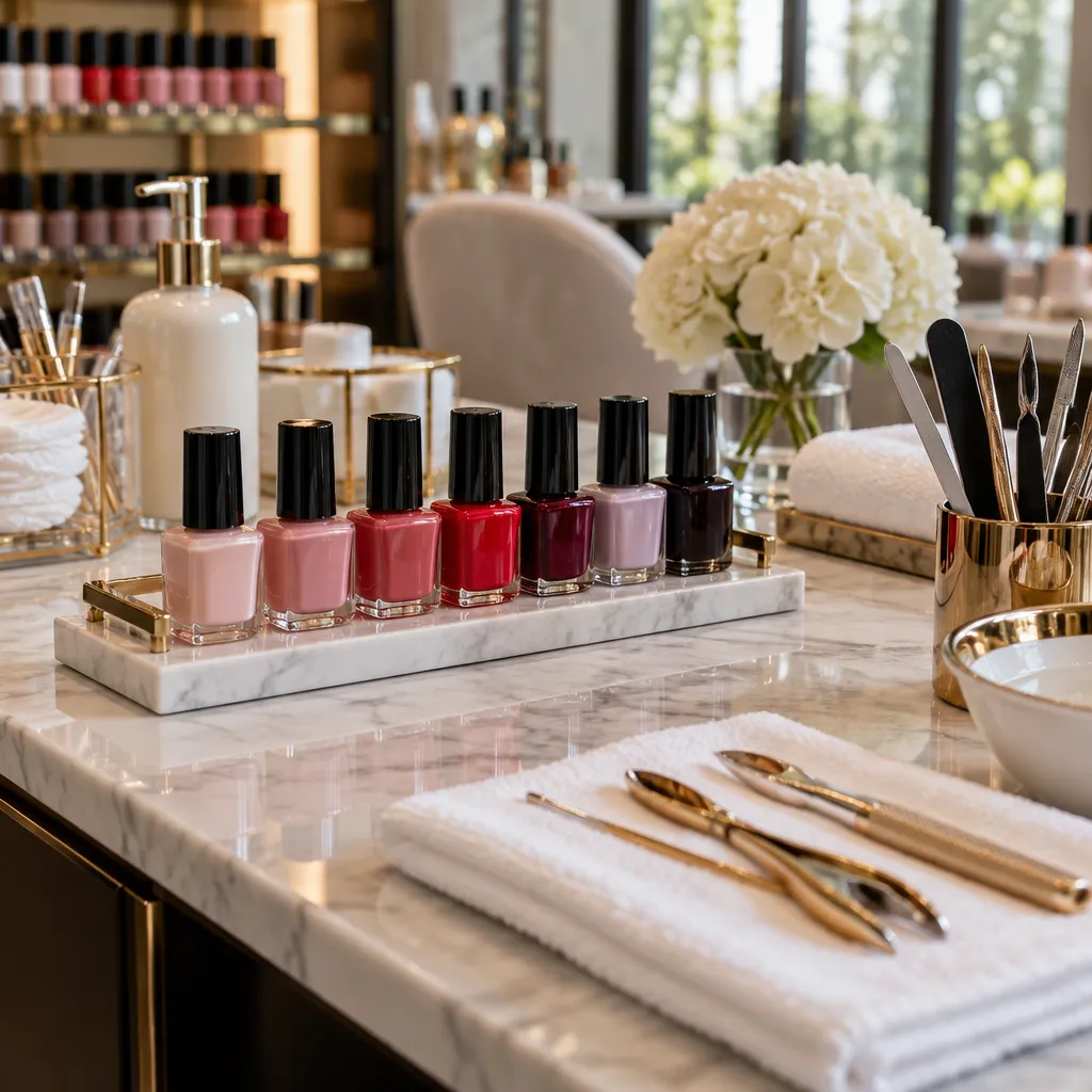 Selection of nail polish colors in a nail salon.