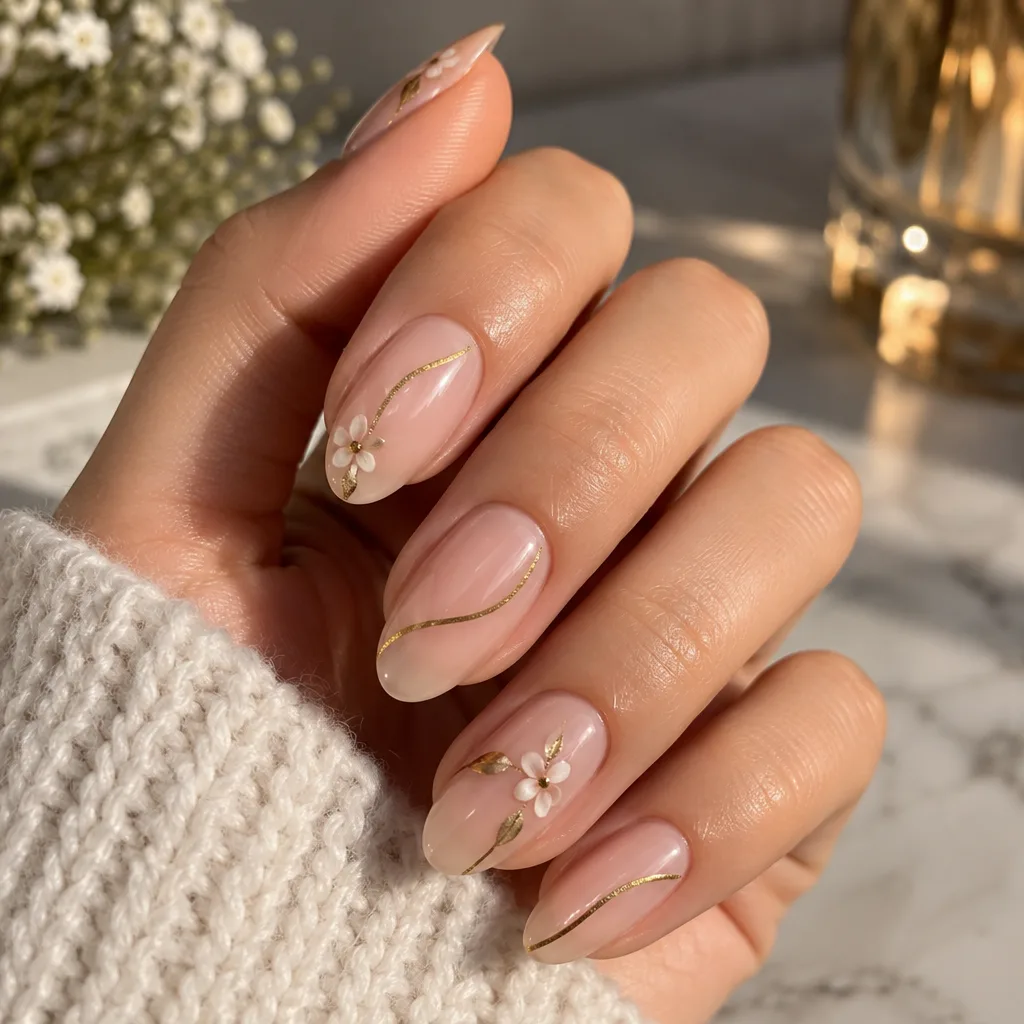 Close-up of a manicured hand with nail art.