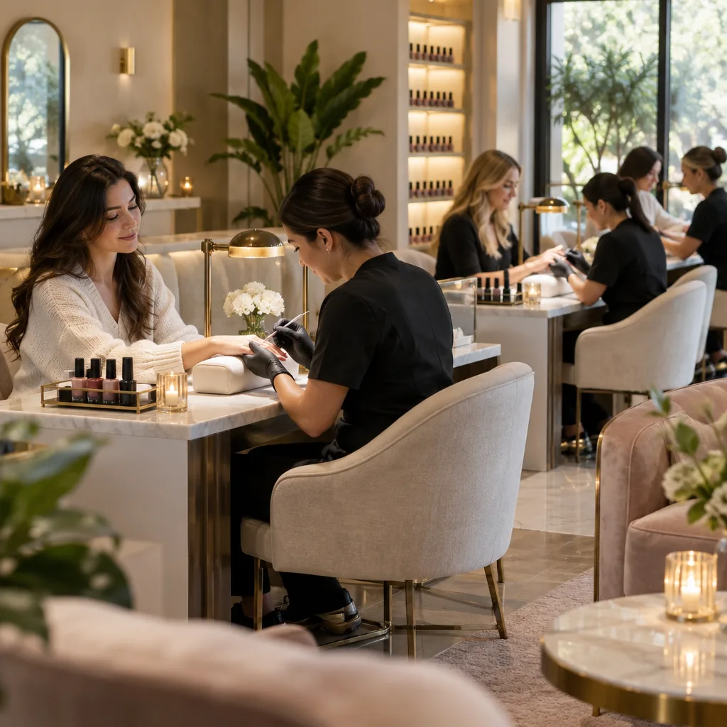 Salon technicians providing manicures in a serene environment.