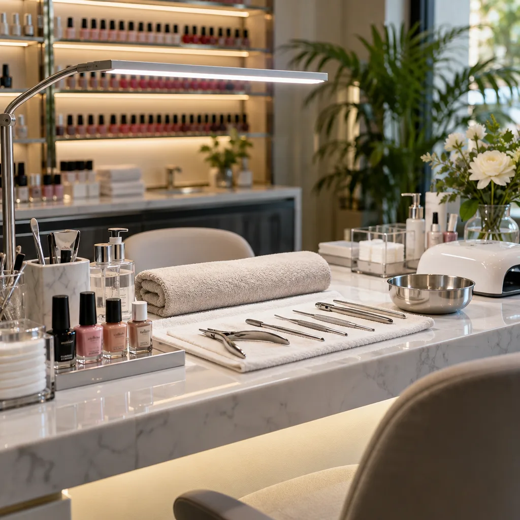 Organized nail station with hygiene-focused tools and products.