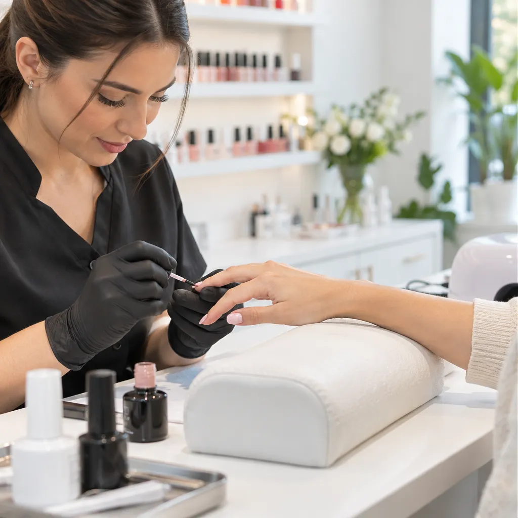Nail technician performing gel polish application