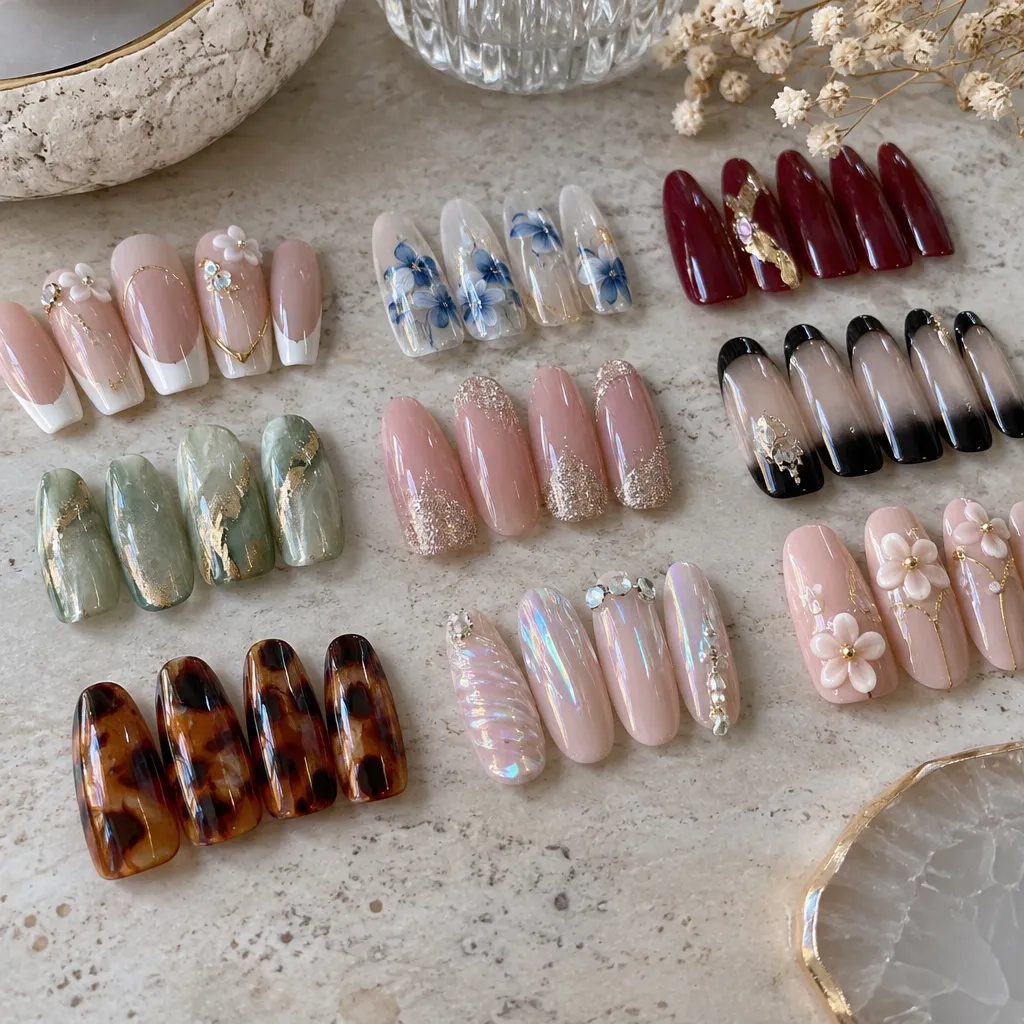 Variety of acrylic nail designs in different shapes