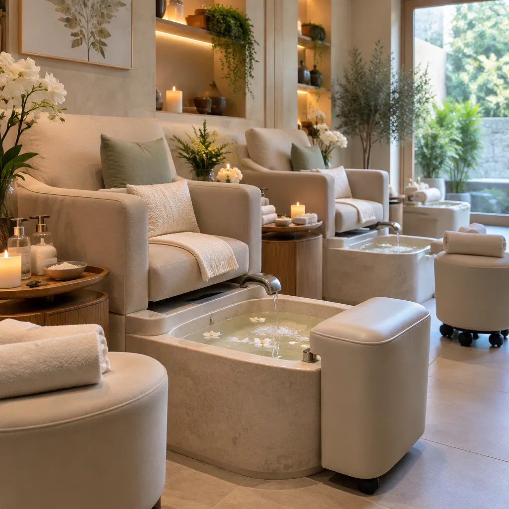 Relaxing pedicure area with calming decor and foot bath.