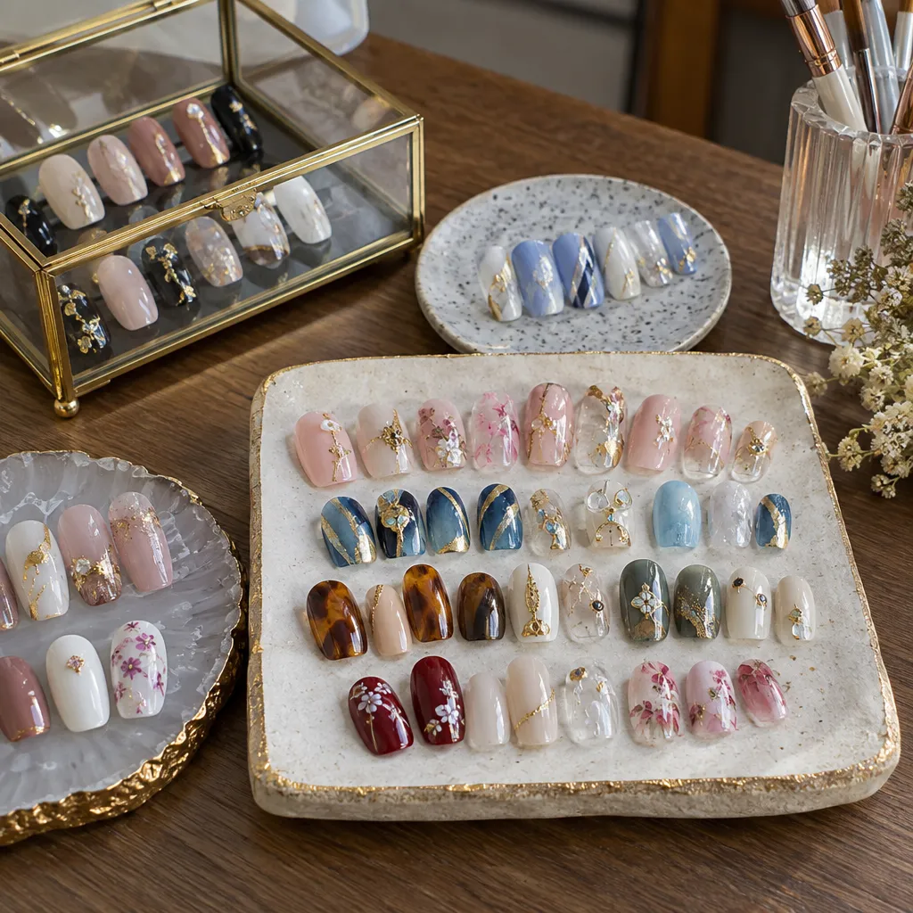 Creative nail art designs displayed on a table showcasing artistry.