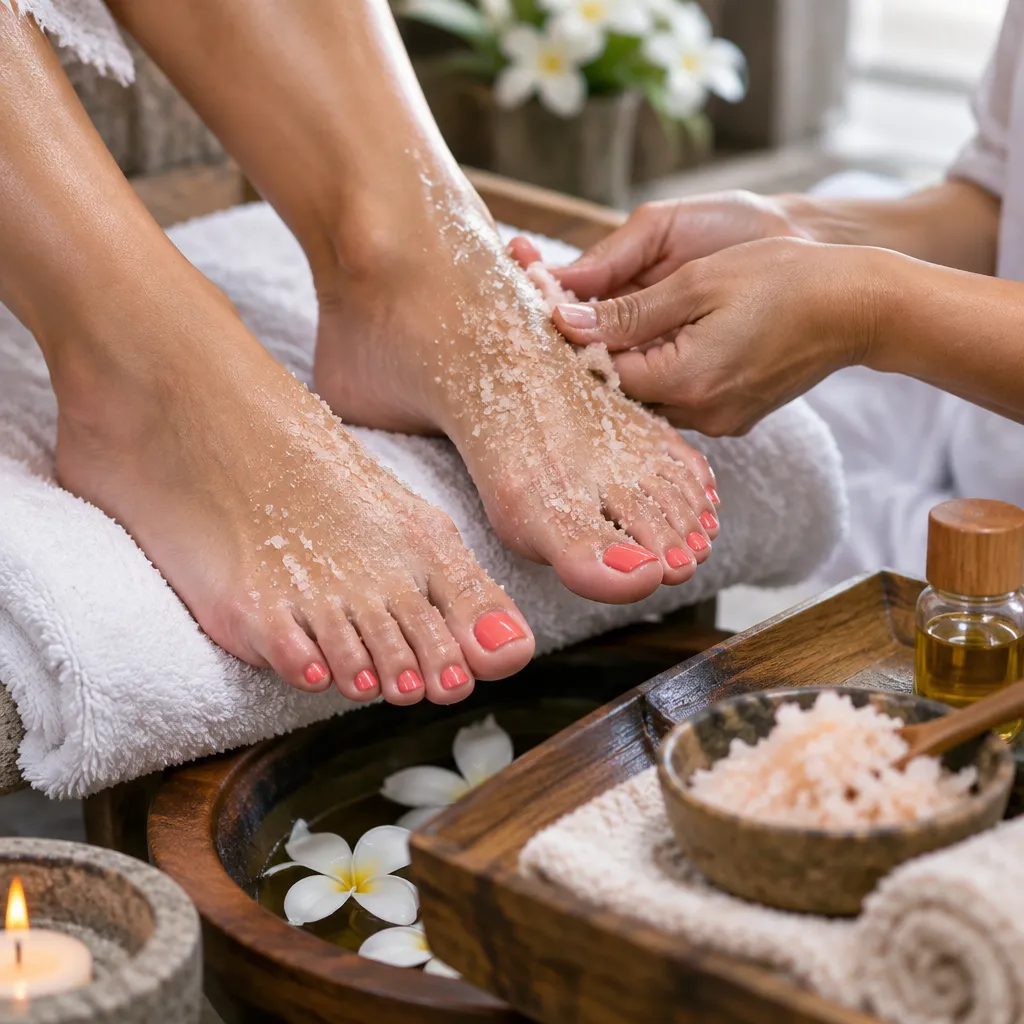 A woman getting a pedicure service showcasing vibrant nail polish and sea salt scrub treatment.