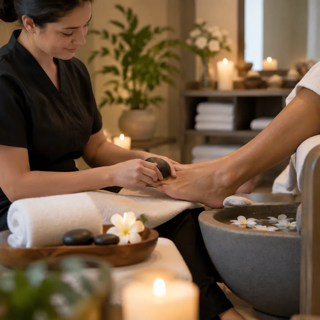 A nail technician giving a hot stone massage during a luxury pedicure service.