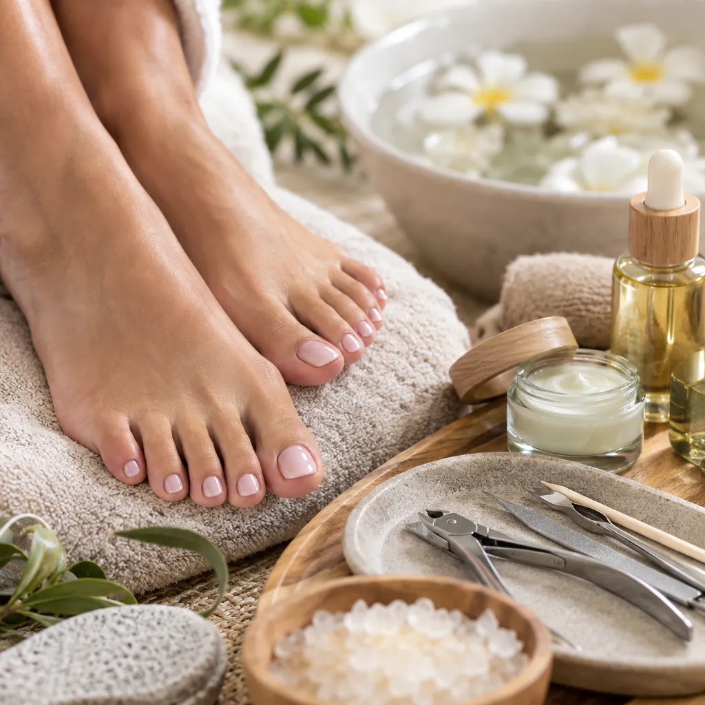 Luxurious pedicure showcasing beautifully painted toenails and organic products.